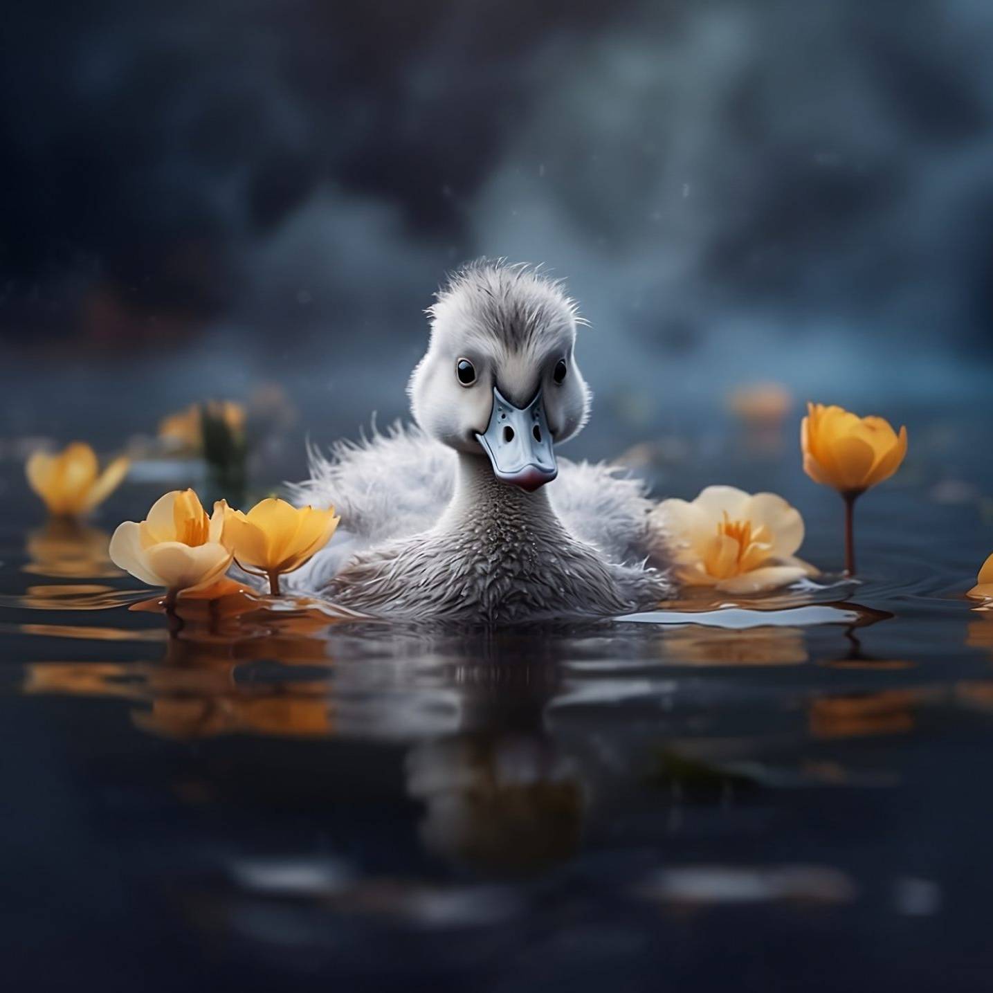 Ugly duckling swimming in sad lake dealing with self doubt
