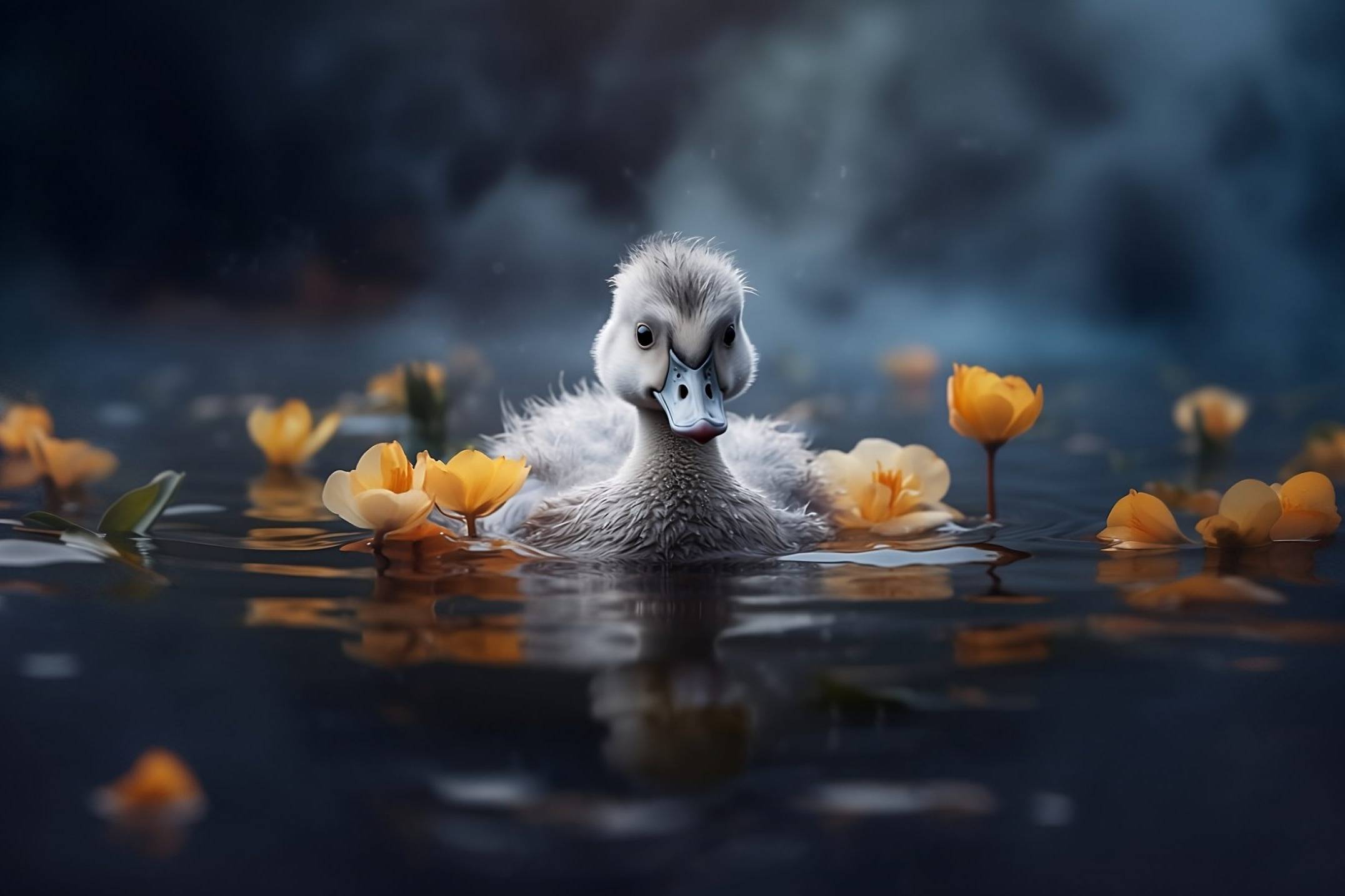 Ugly duckling swimming in sad lake dealing with self doubt