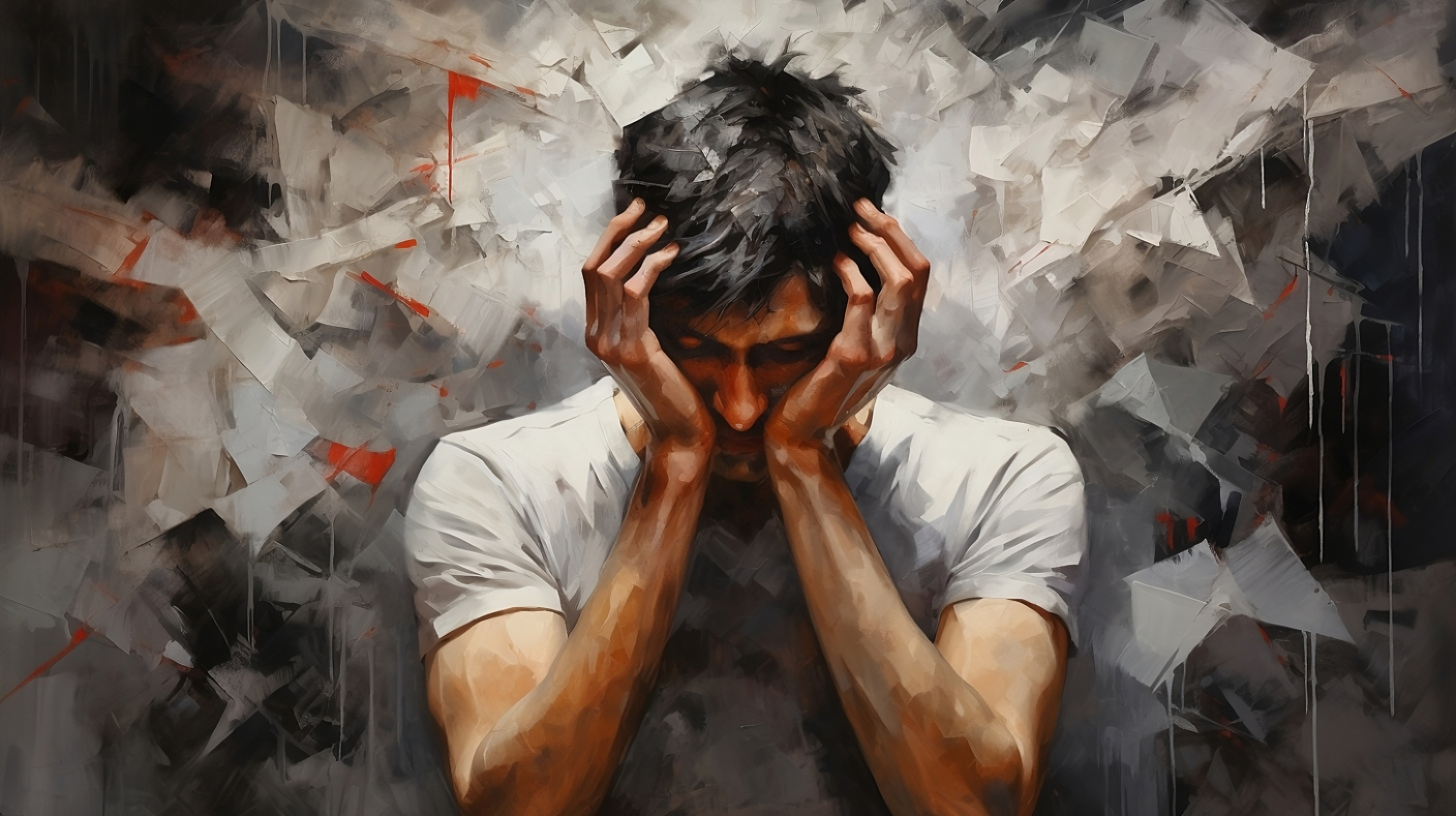 An artist with hand in hands drowning in empty first drafts.