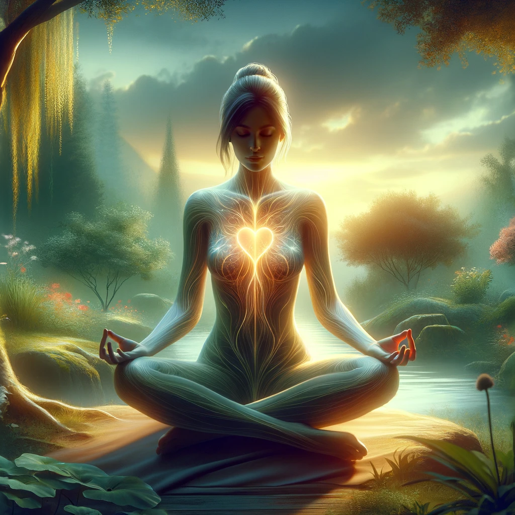 Female-mediating-in-serene-pose-in-tranquil-forest-by-stream.