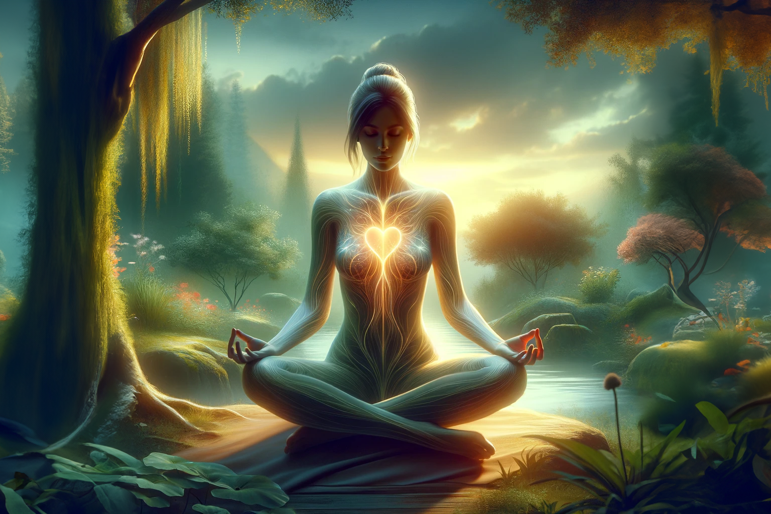 Female-mediating-in-serene-pose-in-tranquil-forest-by-stream.