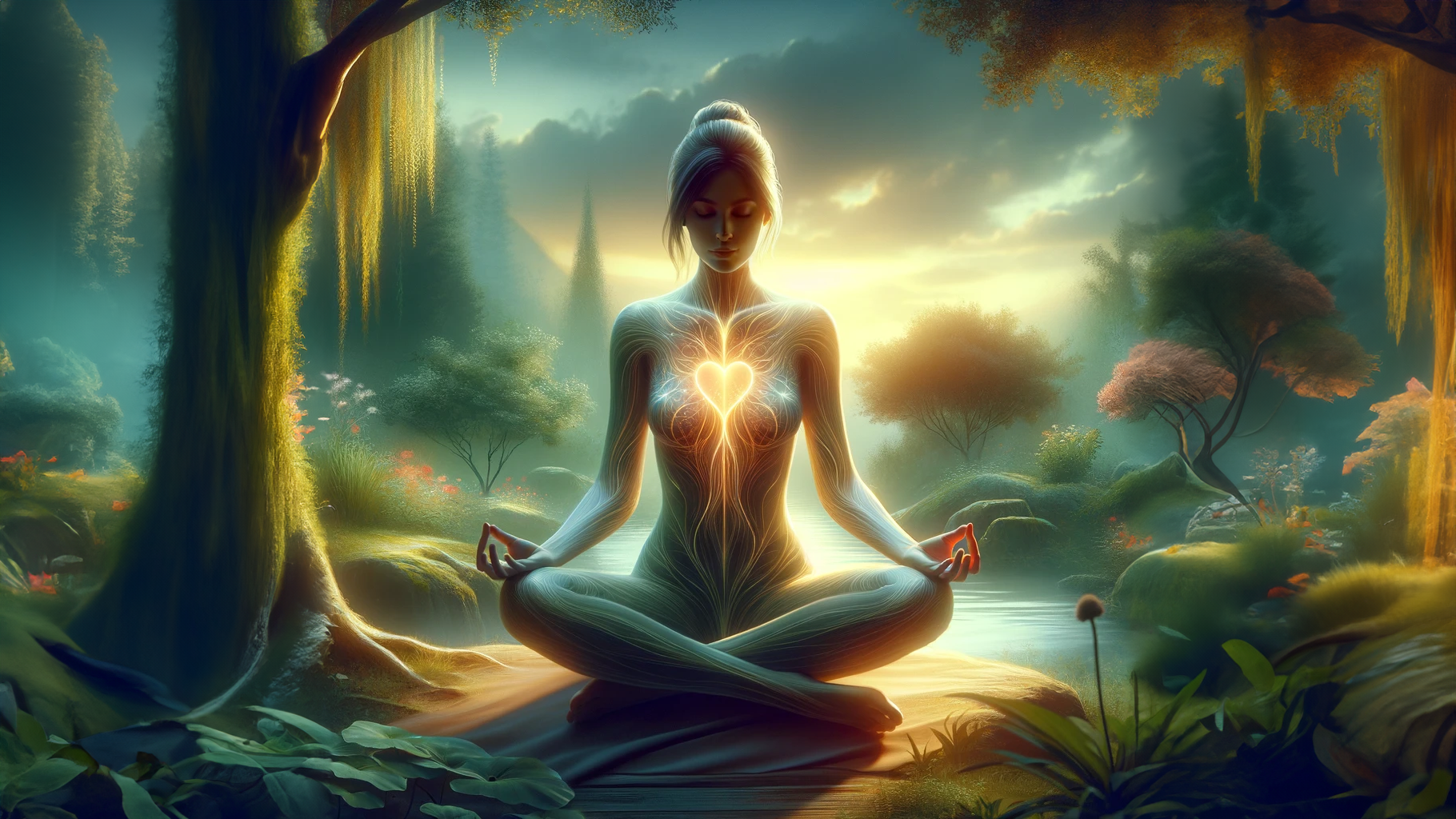 Female-mediating-in-serene-pose-in-tranquil-forest-by-stream.