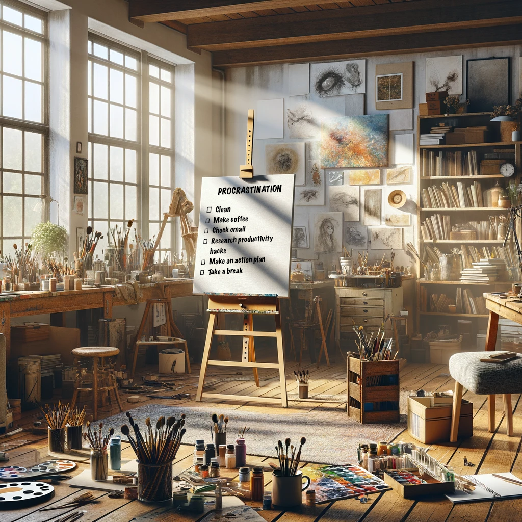 A well-lit artist's studio filled with painting supplies and personal touches like plants and artwork. A checklist on an easel humorously acknowledges procrastination, with tasks such as "Clean," "Make coffee," "Check email," "Research productivity hacks," "Make an action plan," and "Take a break." . The space is busy with creative materials, books, and a laptop, indicating a blend of art and leisure.