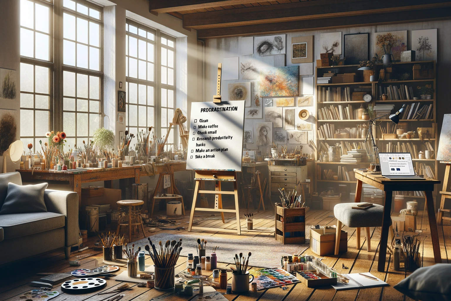 A well-lit artist's studio filled with painting supplies and personal touches like plants and artwork. A checklist on an easel humorously acknowledges procrastination, with tasks such as 