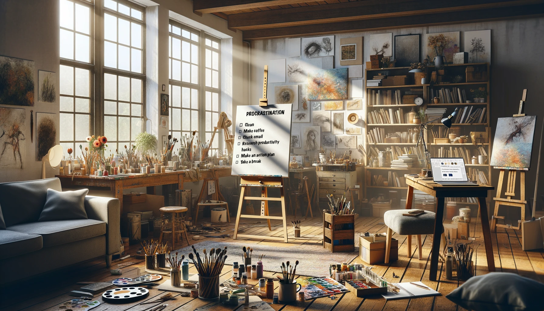 A well-lit artist's studio filled with painting supplies and personal touches like plants and artwork. A checklist on an easel humorously acknowledges procrastination, with tasks such as 