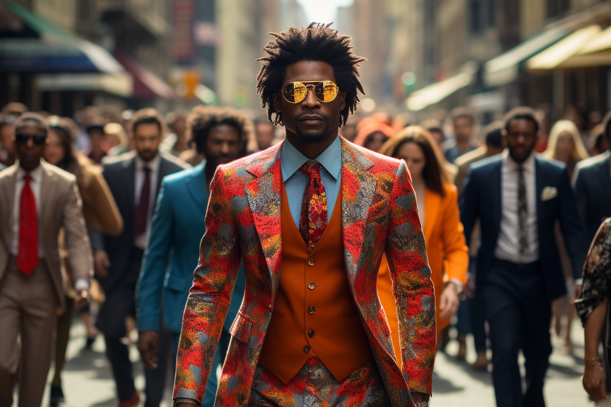 Photograph of someone stylishly walking among suits.