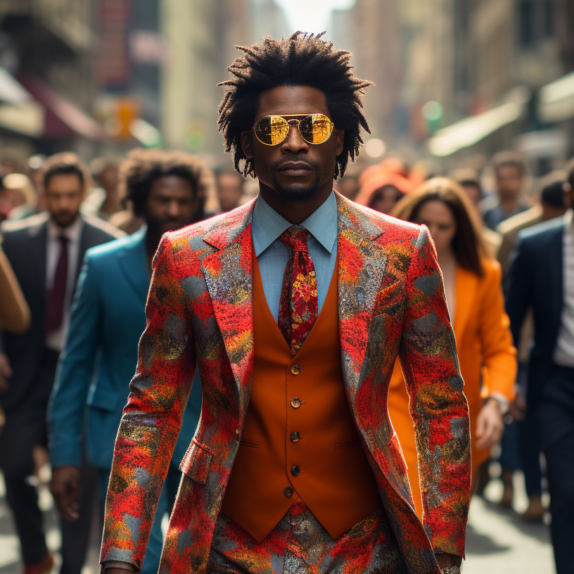Photograph of someone stylishly walking among suits.