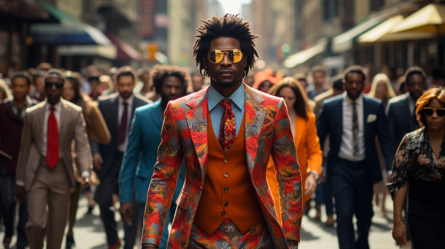 Photograph of someone stylishly walking among suits.