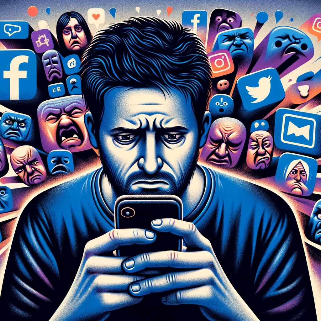 An anxious man looking at his phone, surrounded by a swirl of social media icons including Facebook, Instagram, Twitter, YouTube, TikTok, Twitch, Snapchat, Telegram, Reddit, Pinterest, LinkedIn, Quora, and Discord. Behind him are abstract faces with various negative expressions, illustrating the distress caused by social media pressure and cyberbullying.