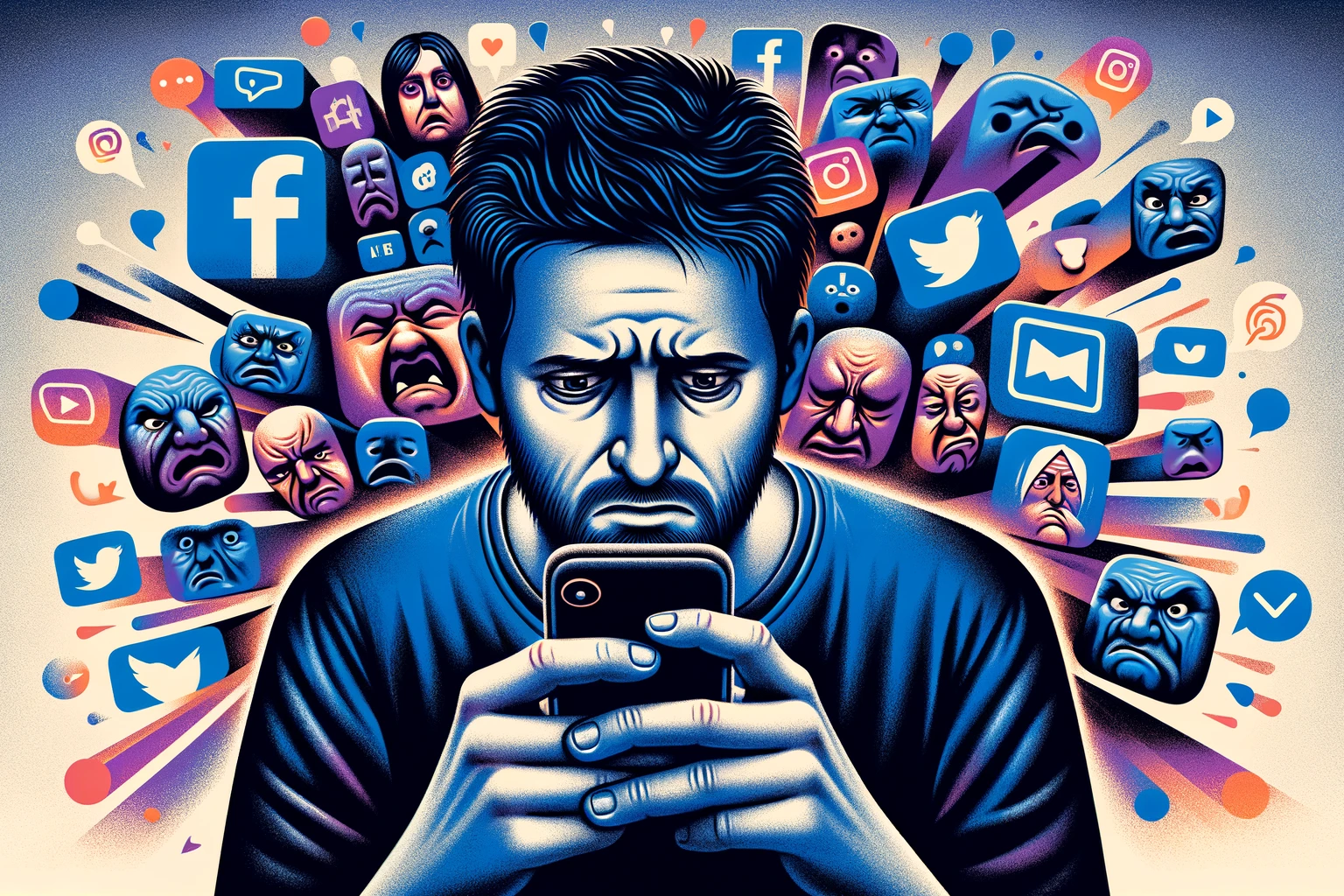 An anxious man looking at his phone, surrounded by a swirl of social media icons including Facebook, Instagram, Twitter, YouTube, TikTok, Twitch, Snapchat, Telegram, Reddit, Pinterest, LinkedIn, Quora, and Discord. Behind him are abstract faces with various negative expressions, illustrating the distress caused by social media pressure and cyberbullying.
