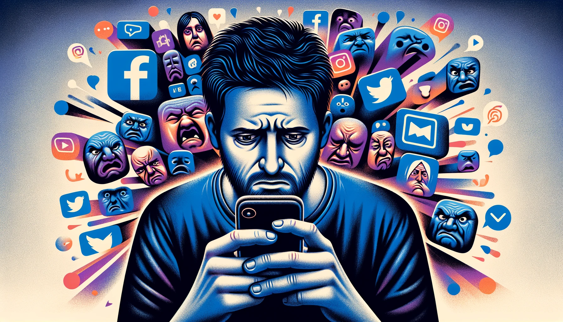 An anxious man looking at his phone, surrounded by a swirl of social media icons including Facebook, Instagram, Twitter, YouTube, TikTok, Twitch, Snapchat, Telegram, Reddit, Pinterest, LinkedIn, Quora, and Discord. Behind him are abstract faces with various negative expressions, illustrating the distress caused by social media pressure and cyberbullying.