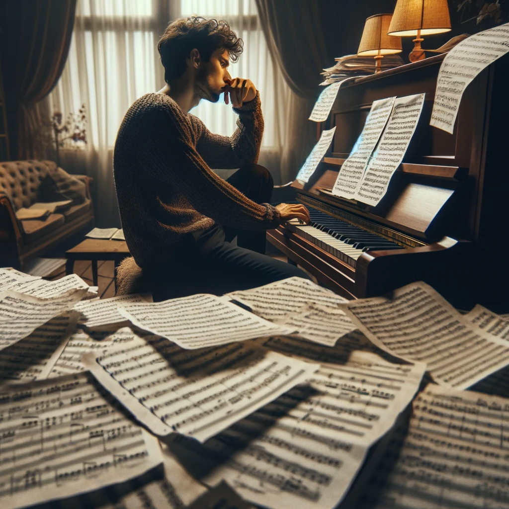 A contemplative musician at a piano, surrounded by scattered sheets with adjusted music notes, in a softly lit, cozy room, symbolizing the evolving journey of musical composition in a 16:9 aspect ratio scene.