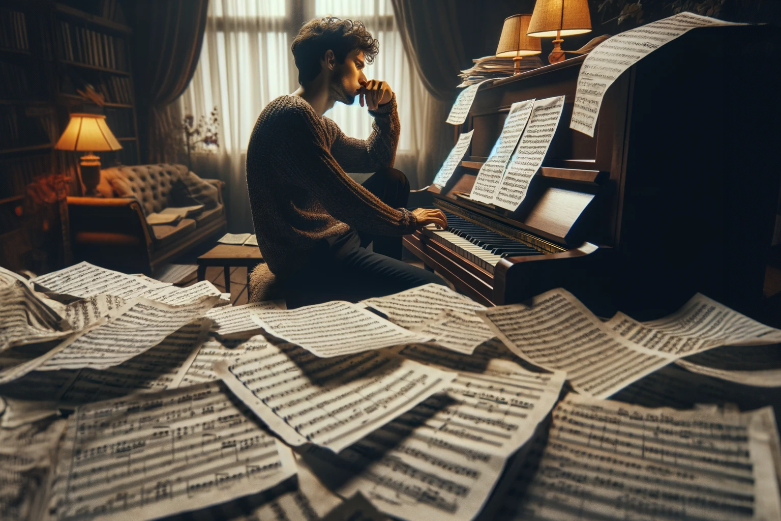 A contemplative musician at a piano, surrounded by scattered sheets with adjusted music notes, in a softly lit, cozy room, symbolizing the evolving journey of musical composition in a 16:9 aspect ratio scene.