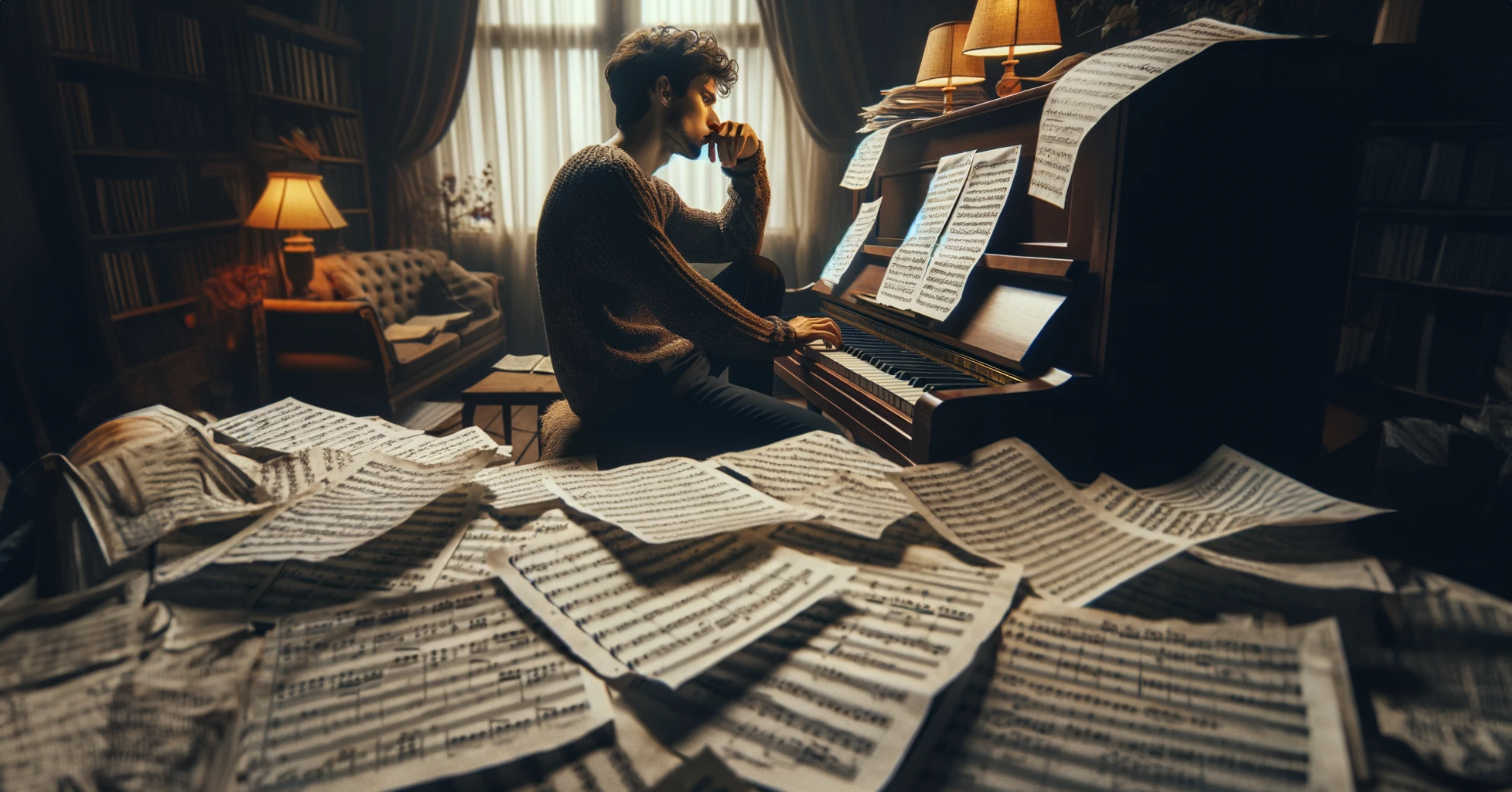 A contemplative musician at a piano, surrounded by scattered sheets with adjusted music notes, in a softly lit, cozy room, symbolizing the evolving journey of musical composition in a 16:9 aspect ratio scene.