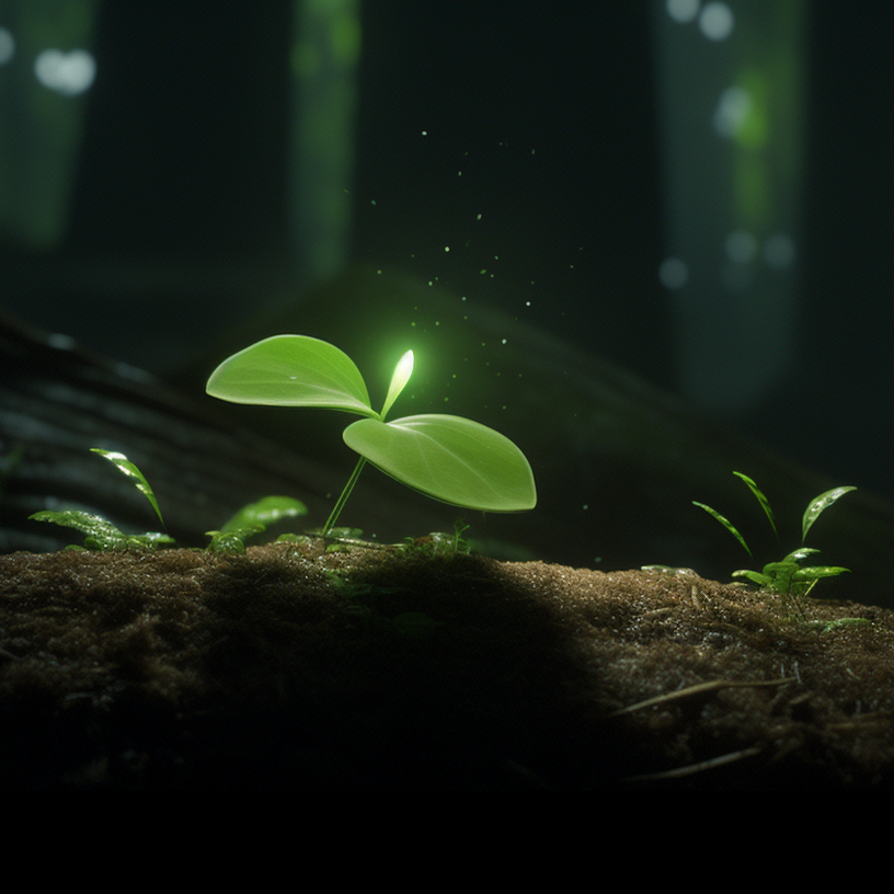 A young sapling glowing with light in a dark forest.