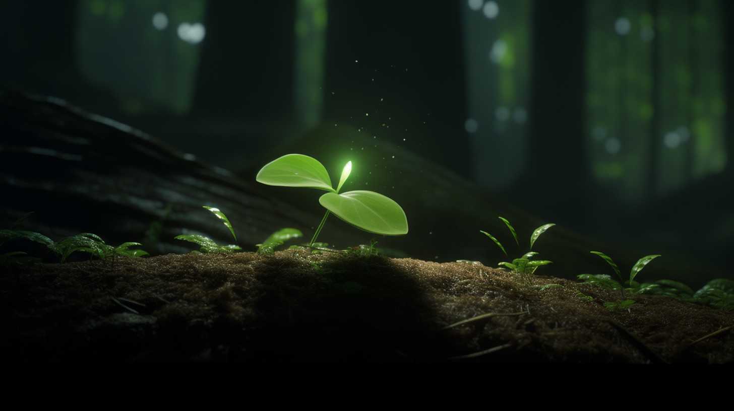 A young sapling glowing with light in a dark forest.